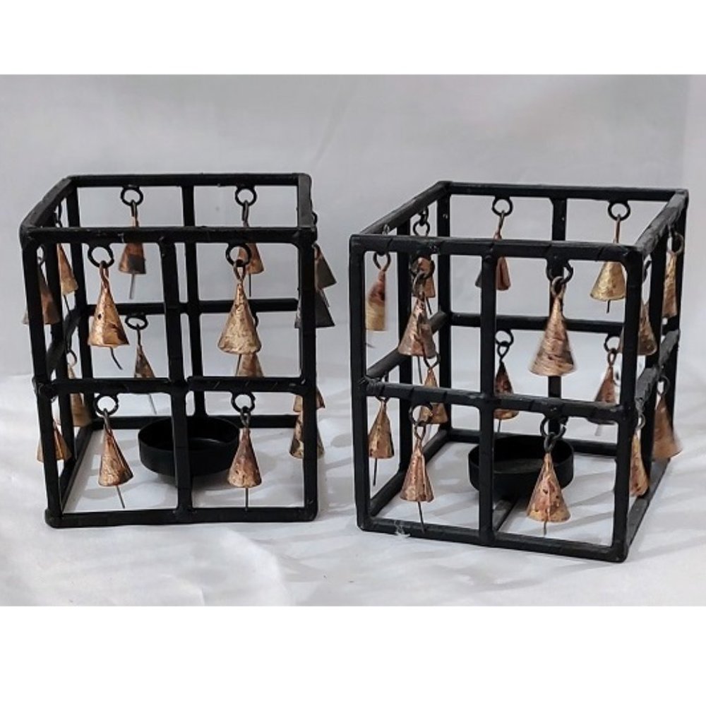 2 Iron Cube Tea Light Holders with Cone Bells Set